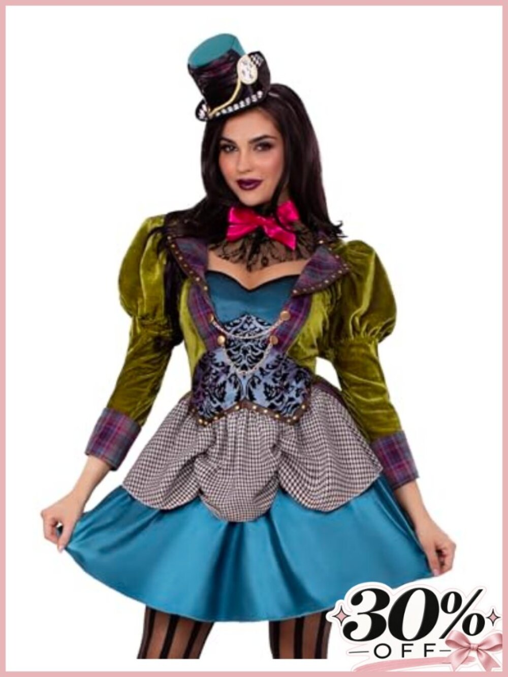 Mad Hatter 3pc Costume Dress Hat Faux Fur Trim Velvet & Satin